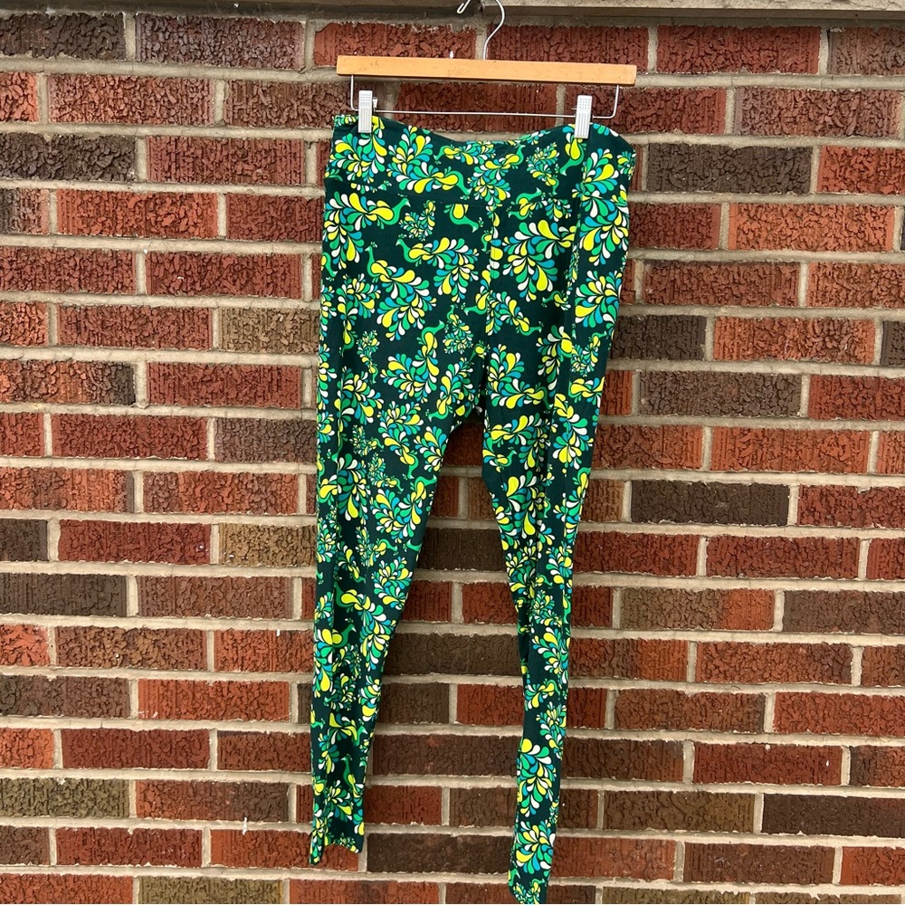 LuLaRoe Dark Green and Lime Green Flourished Mid Rise Tall & Curvy Leggings